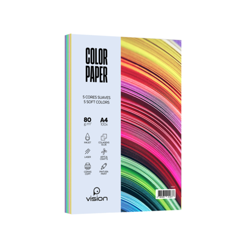Papel Colorido A4 80Gr Vision 5 Cores Suaves (Pack 100 Folhas)
