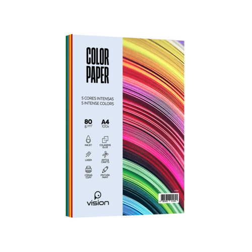 Papel Colorido A4 80Gr Vision 5 Cores Intensas (Pack 100 Folhas)