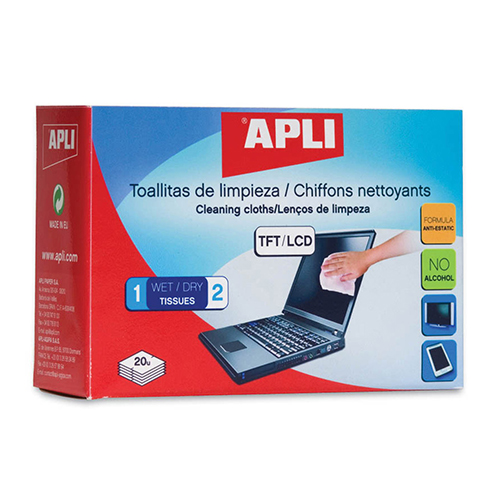 TOALHETES LIMPEZA APLI TFT LCD HÚMIDO SECO 11325 EMBALAGEM 20 UNIDADES